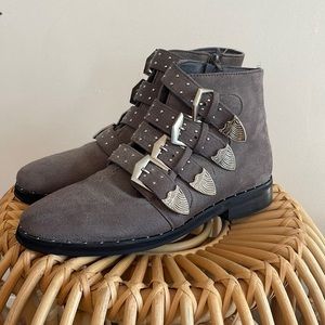 Grey buckled booties
